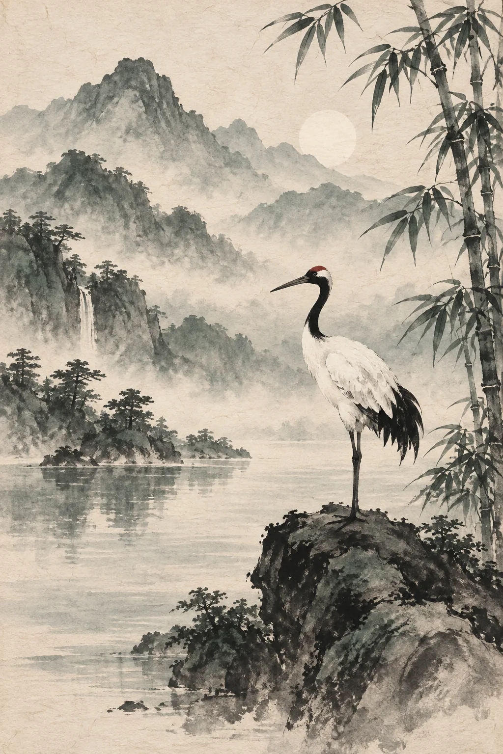 Ink-wash crane